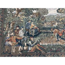 Three tapestries comprising 20th century wool tapestry panel of a medieval nobleman upon a horse with a castle in the distance, together with a smaller tapestry depicting The English Coat of Arms, both hung on rails, and further depicting village scene, largest approx 132cm x 95cm