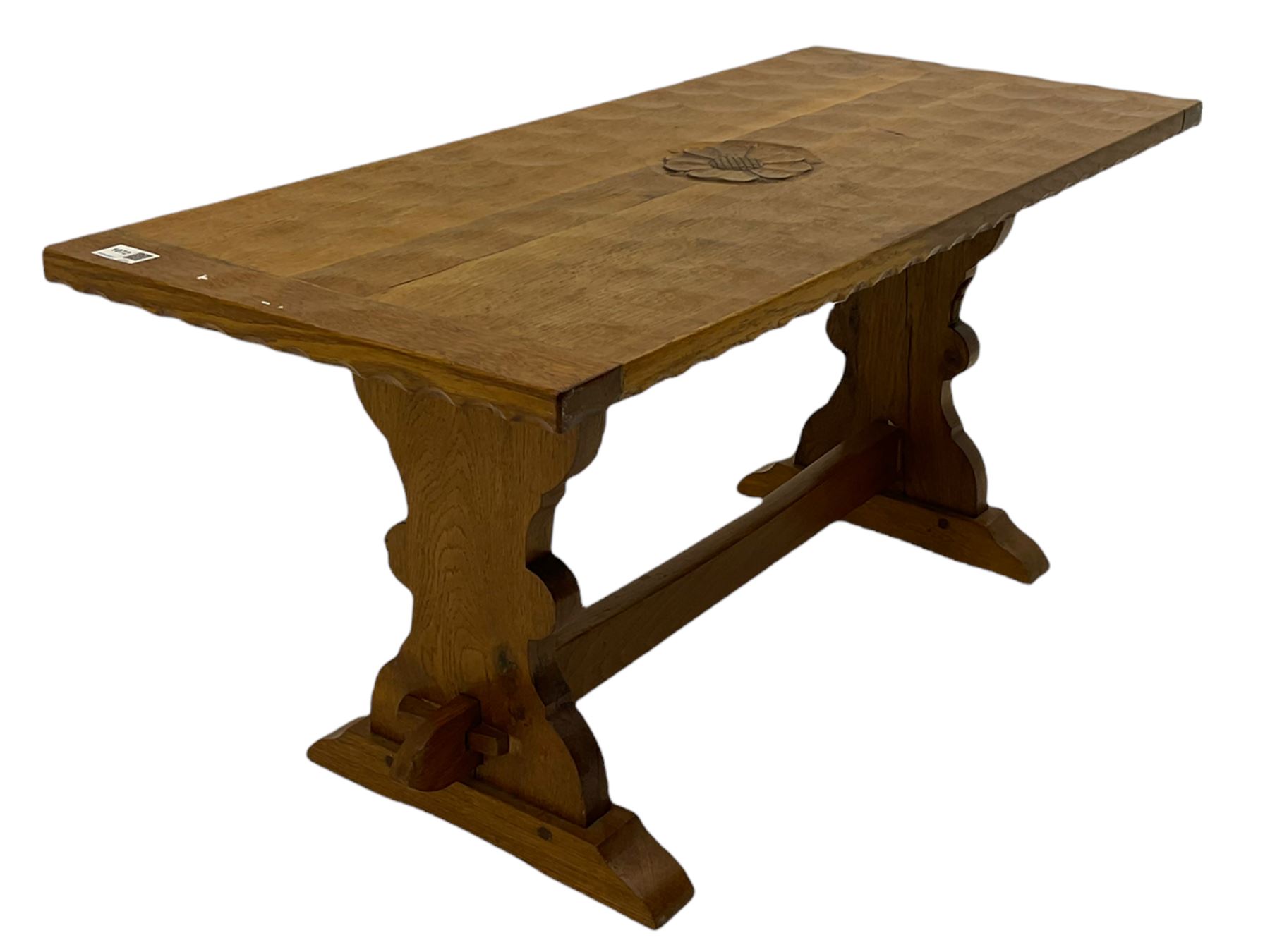 'Woodpeckerman' - Yorkshire oak rectangular coffee table by Stan Dodds, carved central rose, stretcher base, carved Woodpecker motif to the leg 