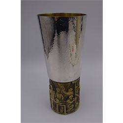 Modern limited edition silver goblet to commemorate the 500th anniversary of York Minster and the completion of five years of restoration, designed by Hector Miller for Aurum, the tapering cylindrical bowl with planished finish and gilt interior, upon gilt foot with cast and chased decoration depicting the restoration of York Minster, hallmarked Hector Miller, London 1972, number 351/500, in original fitted case with paperwork 