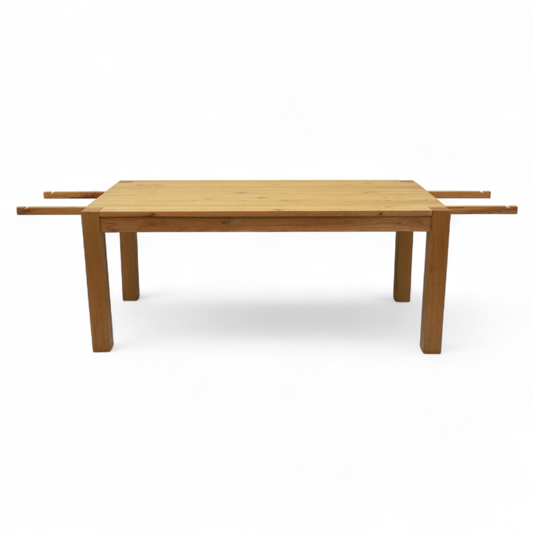 Modern oak dining table, rectangular form with detachable twin leaf extensions, supported on straight square-section legs (Extends to 280cm) 