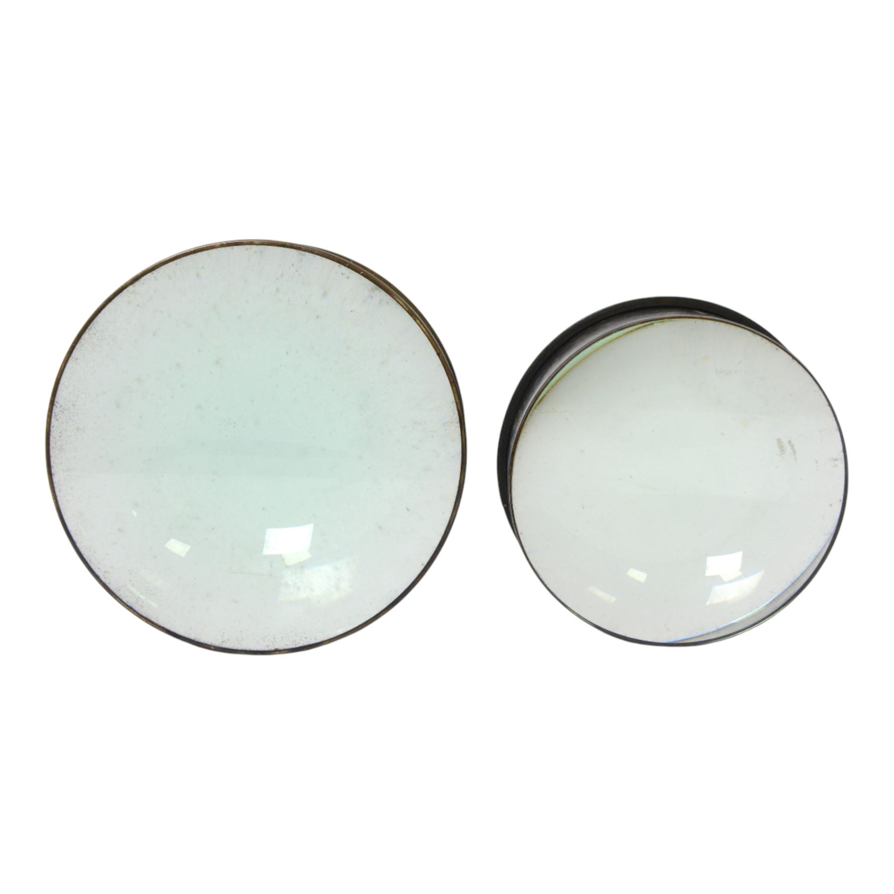 Two large brass cased condenser lenses, largest D21cm