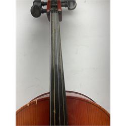 Two student half-size cellos - Boosey & Hawkes Artia with 65cm one-piece back and spruce top; bears maker's label; L104cm overall; and Romanian with 65.5cm two-piece maple back and ribs and spruce top; bears label; L108.5cm overall; each in soft carrying case with two bows (2)