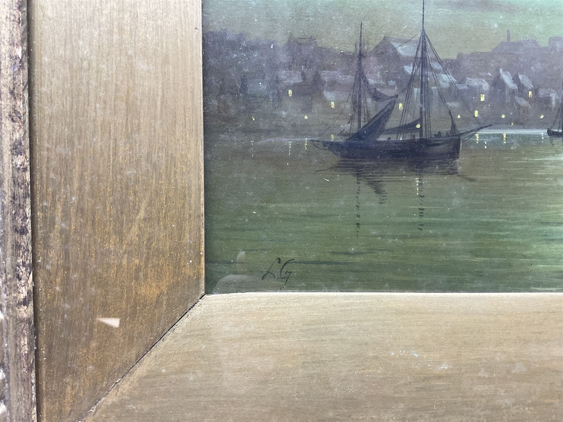 Circle of Louis Hubbard Grimshaw (British 1870-1944): Harbour by Moonlight, oil on panel signed with initials LG 19cm x 30cm 