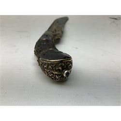 19th century Singhalese knife pia kaetta, the 20cm steel blade inset with yellow and white metal, with metal mounted carved pistol grip, in plain wooden scabbard L33cm overall