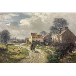 William Greaves (British 1852-1938): 'Entrance to the Village of Scholes near Leeds', oil on board signed and dated '16, titled and inscribed verso 31cm x 46cm (unframed)