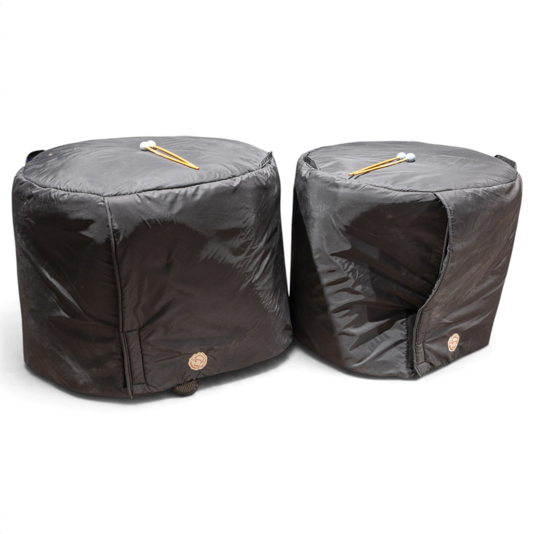 Pair of Adams Universal fibreglass pedal timpani, 29in and 26in, with Remo heads and tuning gauges, with mushroom covers