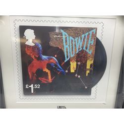 Set of four Royal Mail David Bowie limited edition album stamp prints, comprising Heroes, Ziggy Stardust Tour, Hunky Dory and Let's Dance, all framed and in original packaging, H43cm W43cm