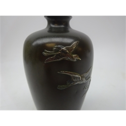  Japanese Meiji small bronze vase by Nogawa, shouldered tapered form inlaid in mixed metal with three flying Cranes, two character signature and Nogawa seal mark, H11cm   