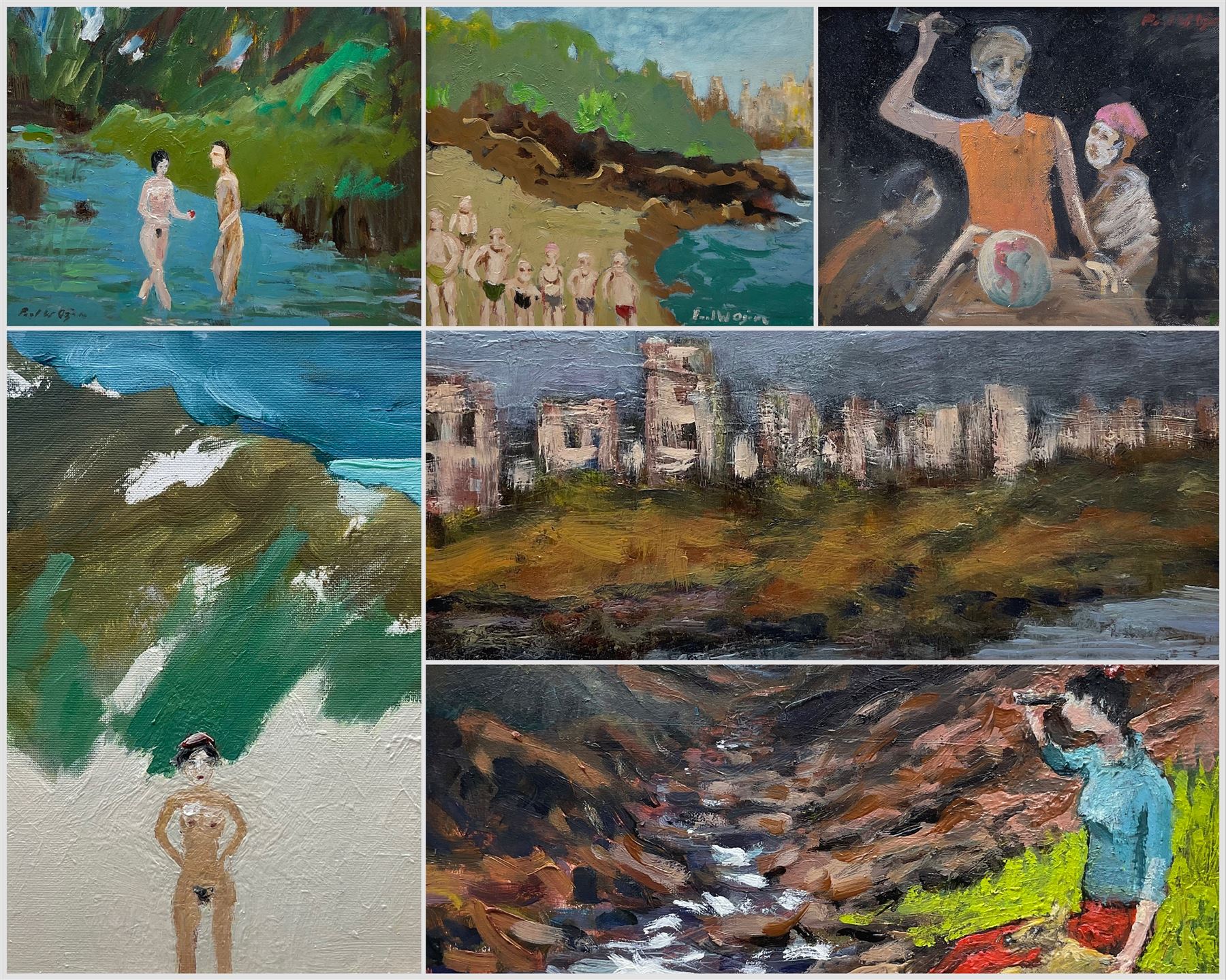 Paul W Ozere (Cornish 20th century):  Adam and Eve, Bathers, View Towards the City, Breaking the Bank, Beneath the Wave and Watcher, six oils on canvas signed max 39cm x 39cm (6)