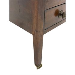 Georgian design mahogany Canterbury, four divisions with dished upper rails, the central rail pierced with handle, fitted with single drawer, on square supports with brass cups and castors 