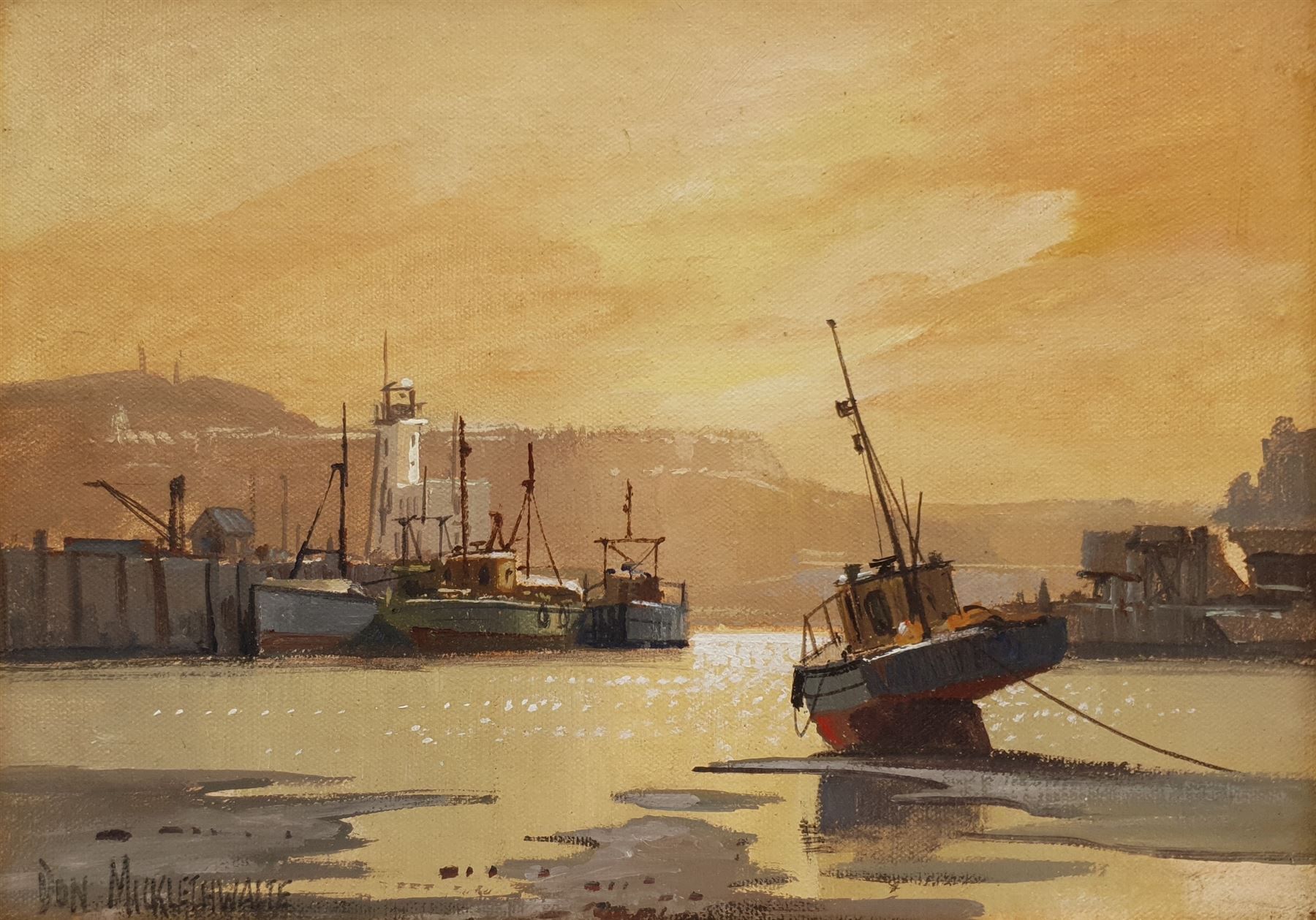 Don Micklethwaite (British 1936-): Sunset Scarborough Harbour, oil on board signed 21cm x 29cm