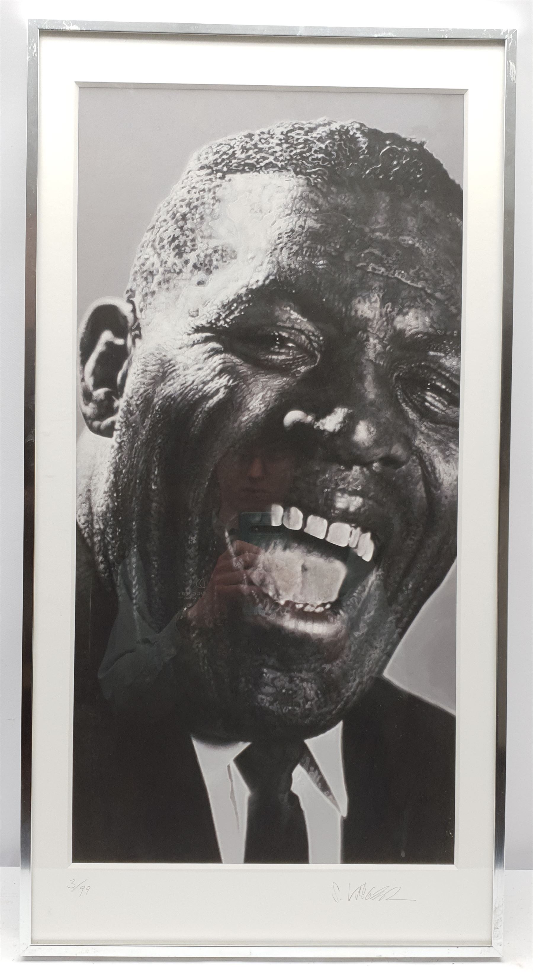 Sebastian Kruger (German 1963-):  Blues singer 'Howling Wolf', limited edition lithograph signed and numbered 3/99 in pencil on the mount 69cm x 35cm  