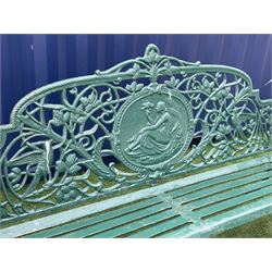 Large green painted cast iron garden bench, the shaped and pierced back decorated with birds and interlacing foliage, oval plate depicting a classical seated woman holding a bird - THIS LOT IS TO BE COLLECTED BY APPOINTMENT FROM DUGGLEBY STORAGE, GREAT HILL, EASTFIELD, SCARBOROUGH, YO11 3TX