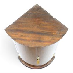 Small Georgian mahogany cylindrical hanging corner cabinet, projecting cornice with dentil carving, brass H hinges and escutcheons