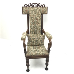 Victorian Prie Dieu walnut chair, carved cresting rail, upholstered back seat and scrolling arms, turned carved and tapering supports, W53cm