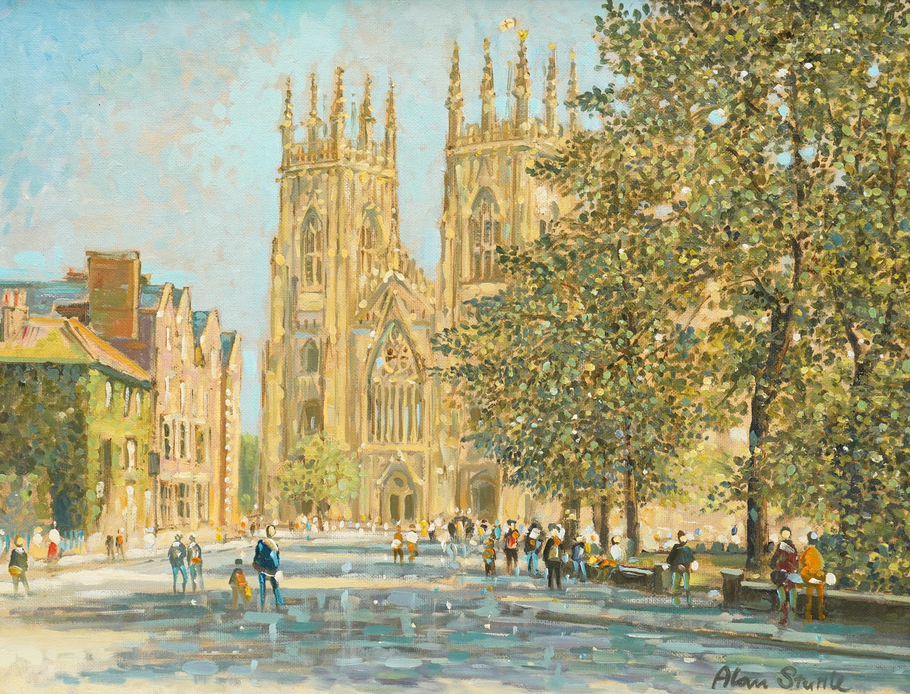 Alan Stuttle (Scarborough 1939-): York Minster in Summer, oil on canvas board signed 34cm x 44cm