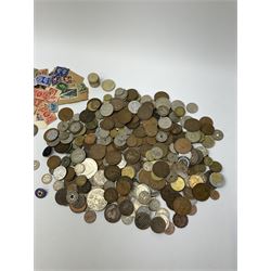 Great British and World coins including Queen Victoria 1845 four pence, 1891 half crown, 1900 florin, various Queen Elizabeth II old round one pound coins, mixed World coins, small number of collectors items, loose stamps etc