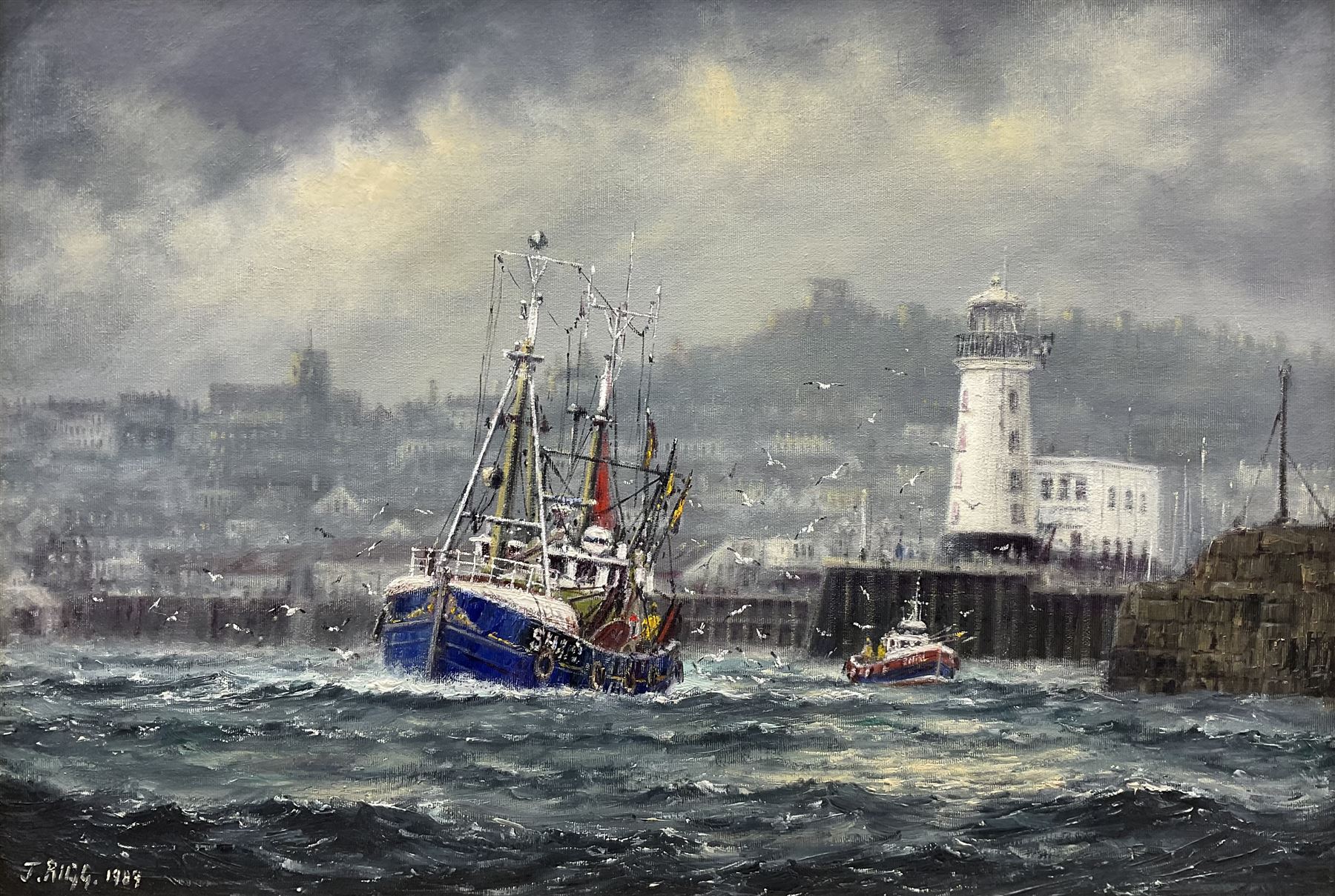 Jack Rigg (British 1927-2023): 'Yorkshire Harbour' - Scarborough, oil on canvas board signed and dated 1989, titled verso 44cm x 64cm