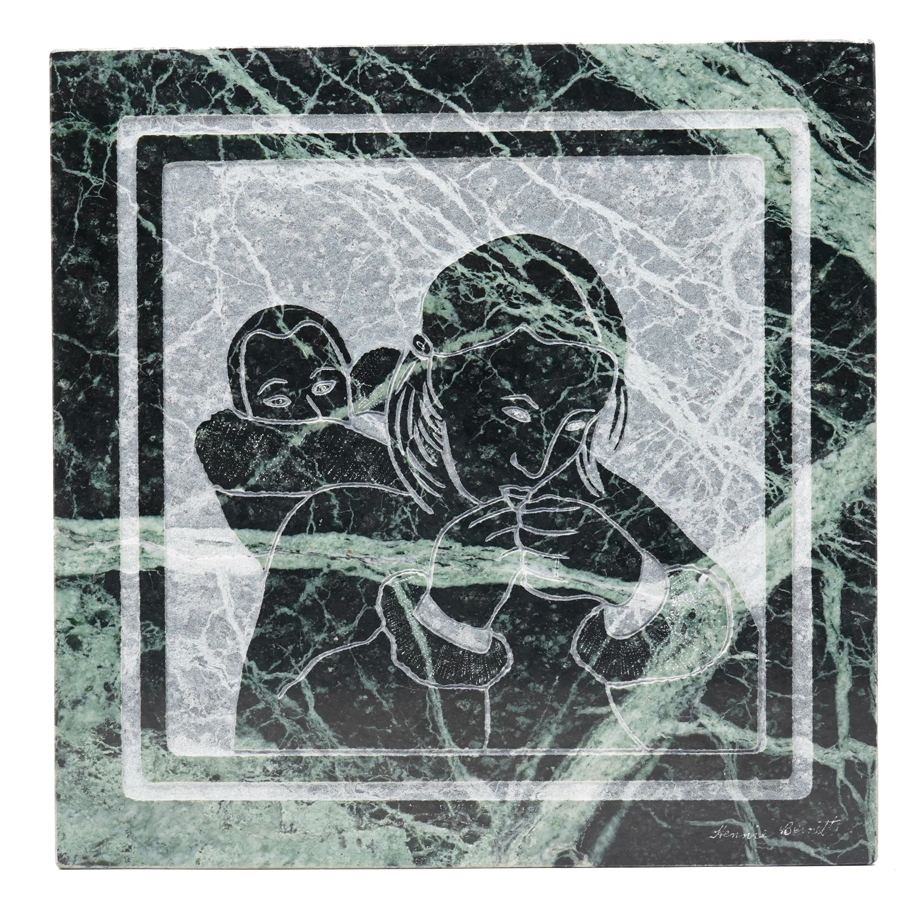 Hennie Bernett (20th/21st century): Inuit mother carrying her child in an amauti, bas-relief in verde marble, signed 'Hennie Bernett' with sculptor's sticker on the rear, 38.2cm x 38cm 