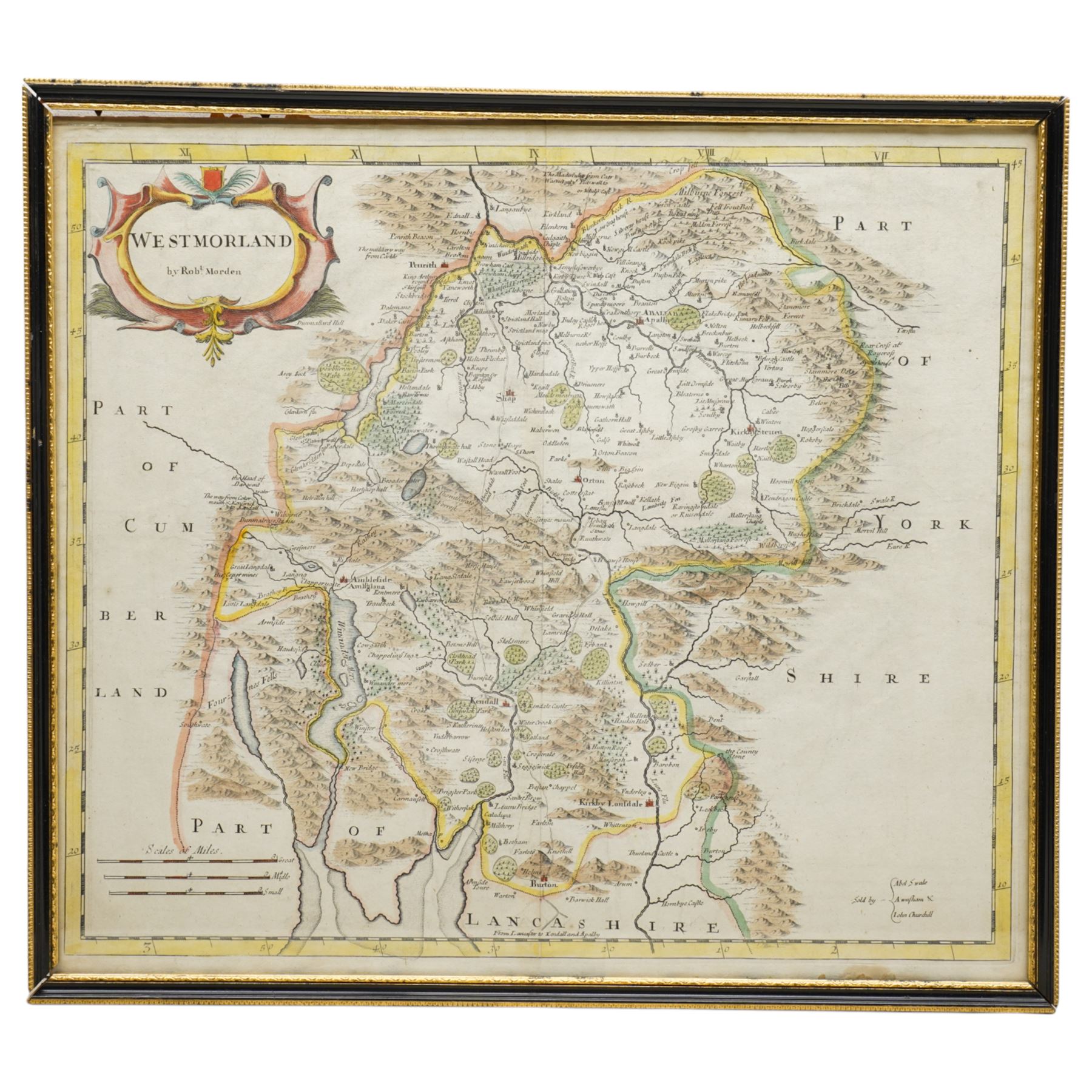 Robert Morden (British c.1650-1703): 'Westmorland', 17th/18th century engraved map with hand-colouring 36cm x 42cm