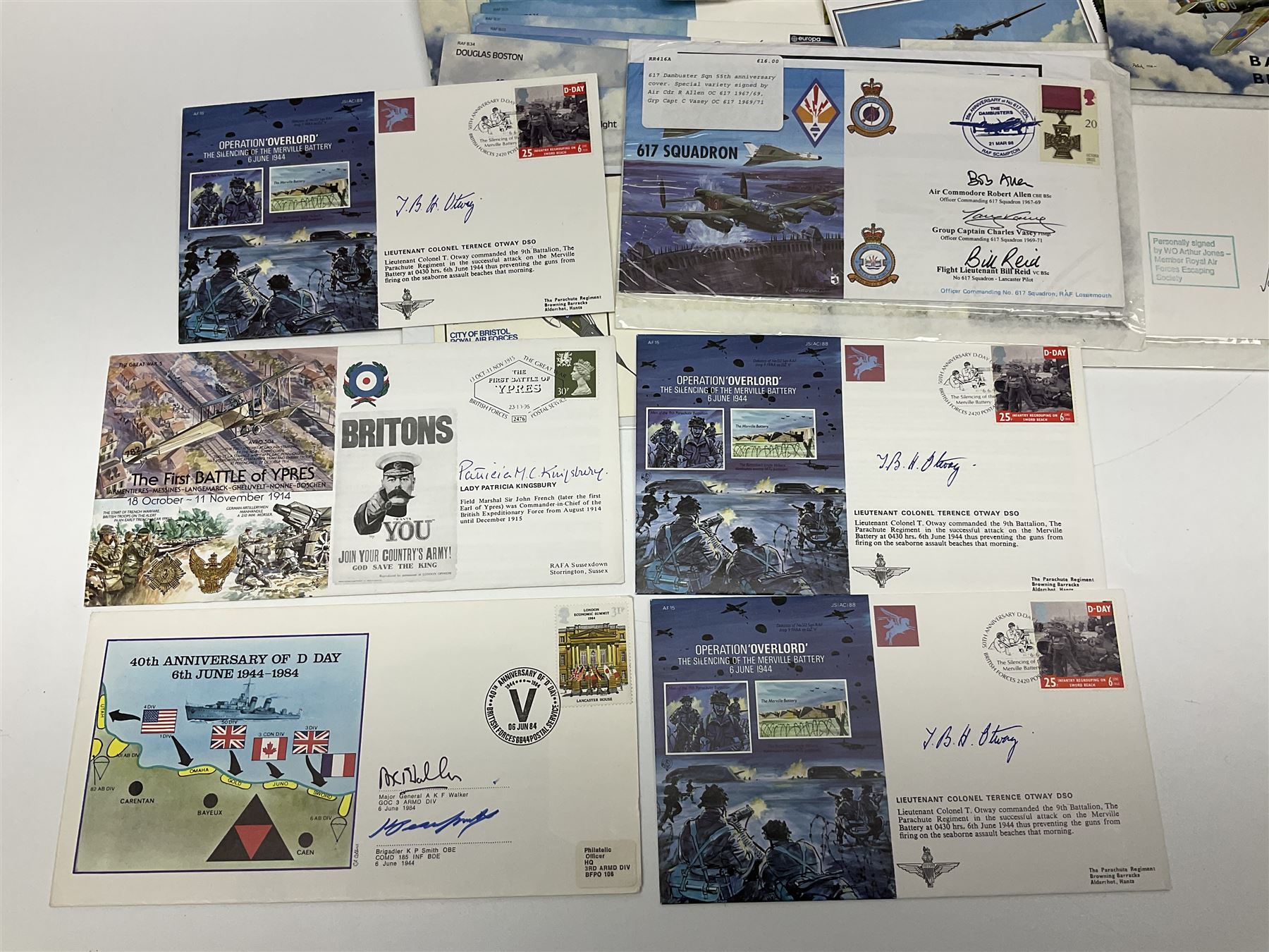 First Day Covers - approx. one hundred flying related and other military FDCs 1970s-2000s, mainly WW2 interest and bearing signatures; British, Channel Islands, Continental, Australia etc; signatures include Vera Lynn, J.H. Lacey, 'Johnnie' Johnson, Barnes Wallis, Bill Reid VC, various other gallantry medal winners, Dam Busters, Battle of Britain, Terence Otway, Leonard Cheshire, Stanford Tuck etc; loose and in a Benham album