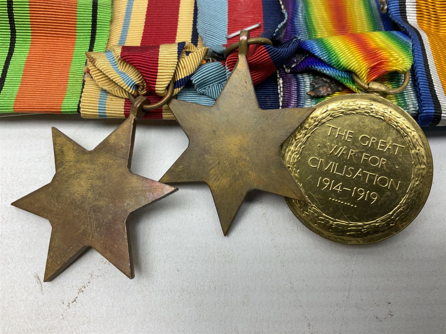 WW1/WW2 Military Cross group of eight medals comprising M.C., 1914 Star with 5th Aug.-22nd Nov.1914 clasp, British War Medal and Victory Medal with MID oak leaves awarded to Lieut. (later Lieut./Col) F.C. Davidson R.A.M.C., 1939-1945 Star, Africa Star with 1st Army clasp, 1939-1945 War Medal and Defence Medal; with single page copy of research material