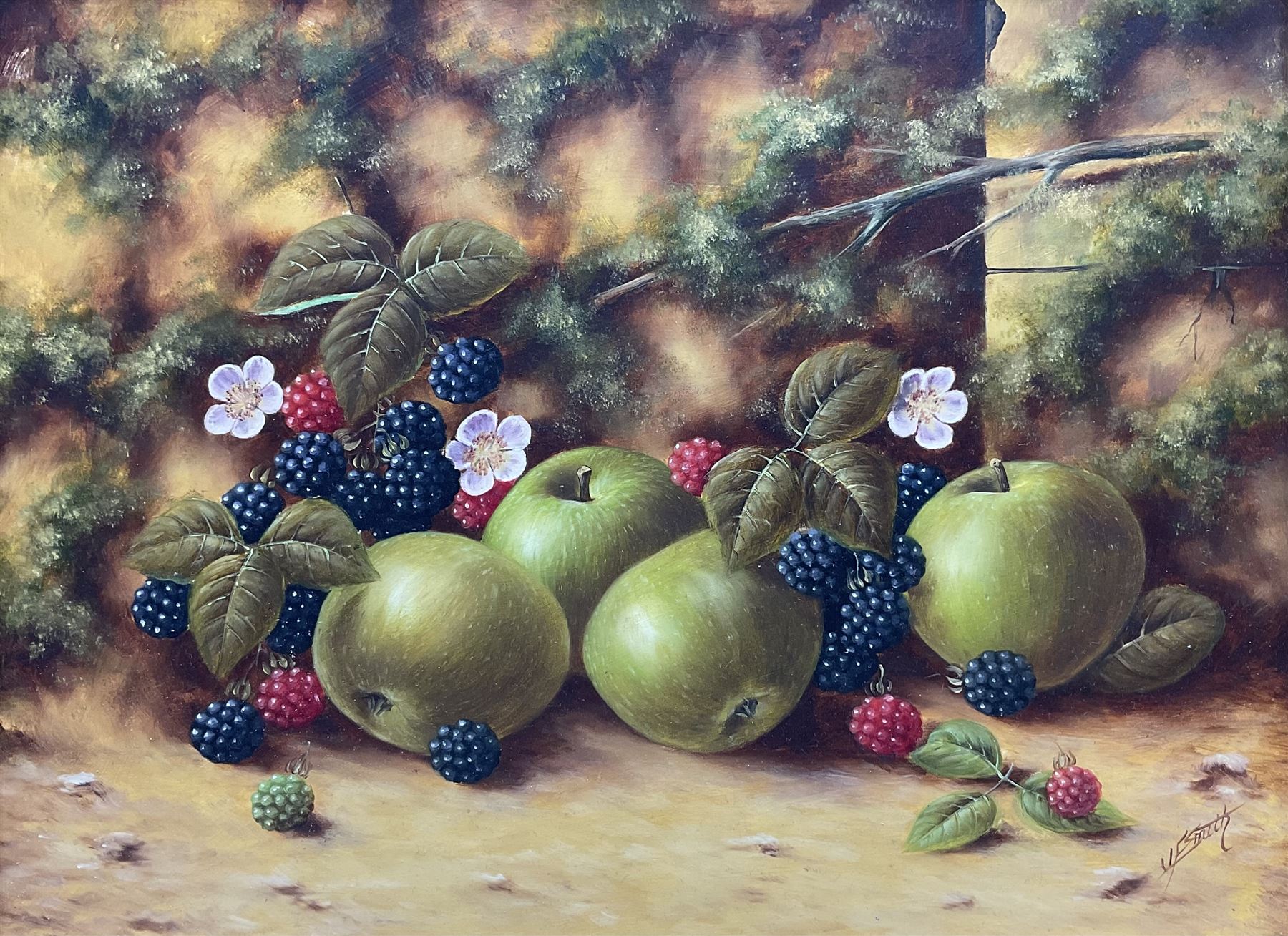 John F Smith (British 1934-): Still Life of Fruit, oil on board signed 30cm x 40cm 
Notes: Smith was employed by Royal Worcester as a fruit painter between 1950 and 1971.