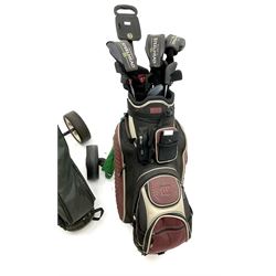 A quantity of golf clubs and two bags and trolleys 