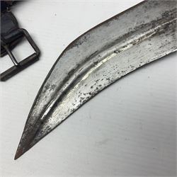 Eastern Jambiya, the 19cm double edge steel blade with raised medial ridge, waisted horn grip with pique work and white metal band; in stitched leather scabbard L33cm overall
