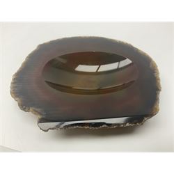 Three polished agate geode stone dish, with raw edges, largest L10cm