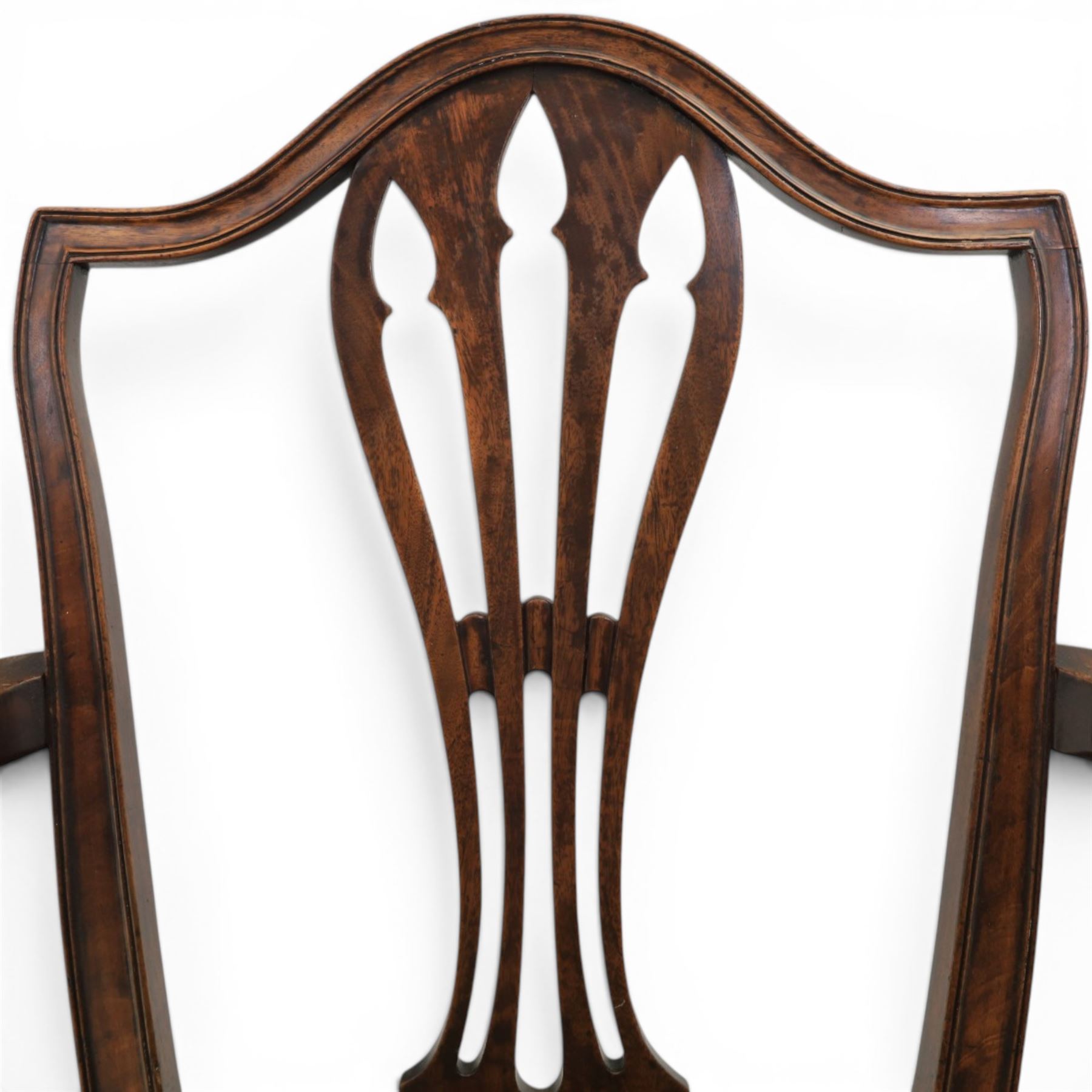 Early 20th century George III design mahogany open armchair, shaped cresting rail with pierced vase-form splat, curved open arms, stuff-over seat upholstered in green floral fabric, on square section supports