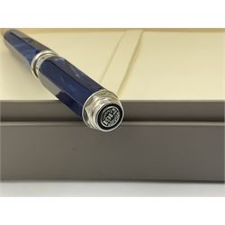 Montegrappa Emblema ball pen, the blue pearl marbled barrel of octagonal form with silver mounts and terminal with 1912 emblem, stamped 925 and clip with roller, in box, L13.5cm