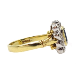  18ct gold emerald cut sapphire and round brilliant cut diamond cluster ring, hallmarked  