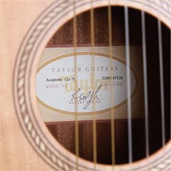 2020 Taylor Academy 12E-N nylon string electro-acoustic guitar; with sapele body, natural spruce top with contour edge and ebony fretboard, in original Taylor soft case, guitar L99cm