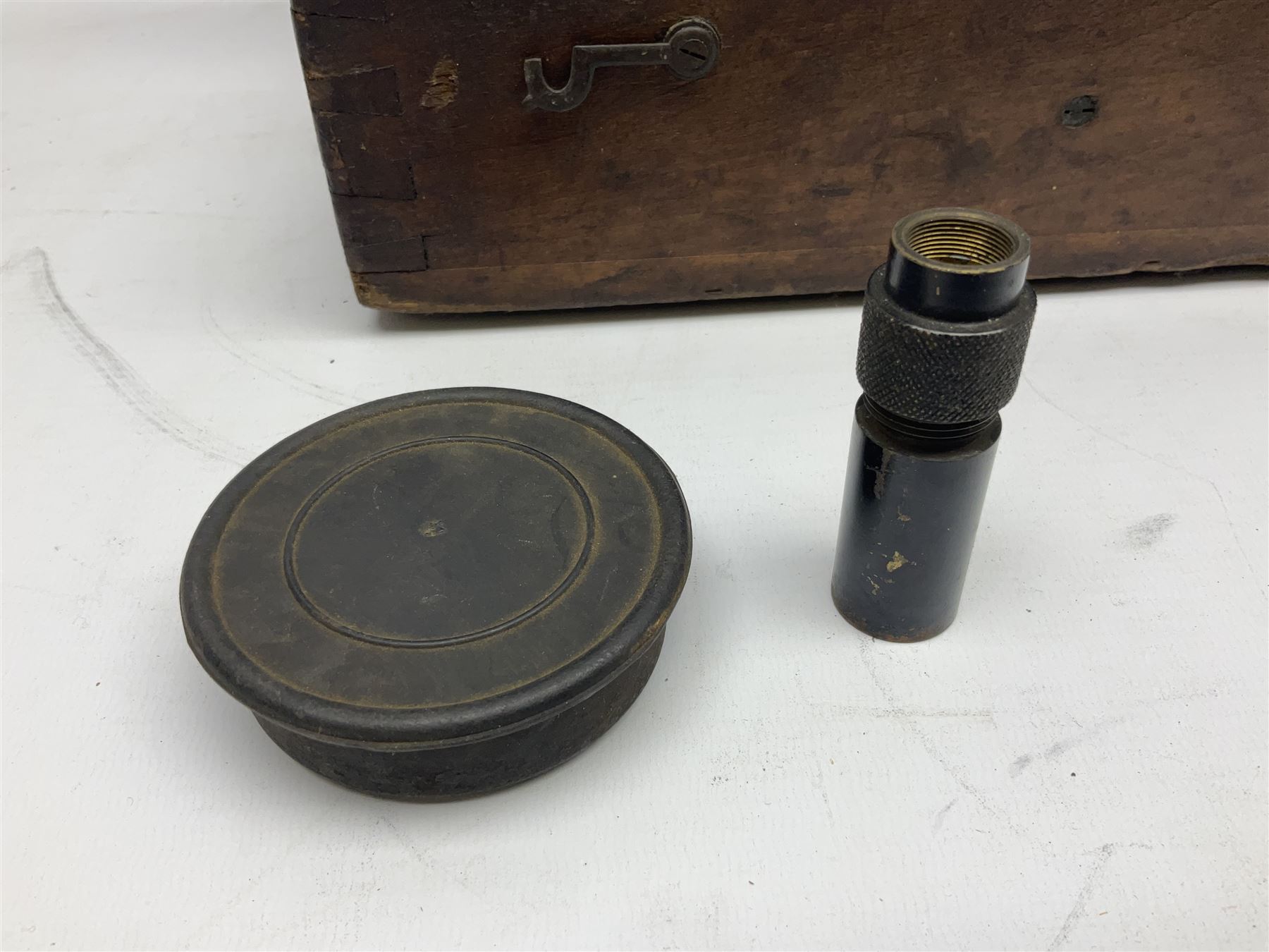 Early 20th century brass and black japanned gunsighting telescope inscribed 'G.S. Telescope X8 No.2127 W.G. Pye & Co Cambridge 1918 No.18' with X graticule to lens L53cm; in wooden box marked 'Gunsighting Telescope'