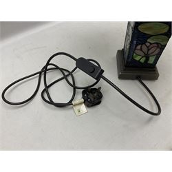 Tiffany Pond Lily style table lamp and shade with leaded panels of green, pink and rippled blue water effect ground, raised upon brushed metal base, H50cm