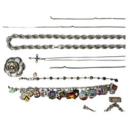 9ct gold stone set ring and silver enamel town badge charm bracelet, cross pendant, ring and heart link bracelet, and a collection of costume jewellery