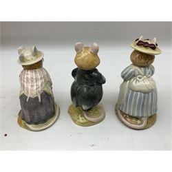 Fifteen Royal Doulton Brambly Hedge figures, comprising Wilfred Toadflax, Dusty Dogwood, Mrs Toadflax, Mr Apple, Primrose Woodmouse, Lord Woodmouse, Poppy Everbright, two Lady Woodmouse, two Old Mrs Everbright, Mr Toadflax, Mrs Apple, Santa Bunnykins and Bunnykins, together with three Royal Albert Wind in the Willows figures comprising Ratty, Badger and Mole, all with printed marks beneath (18)