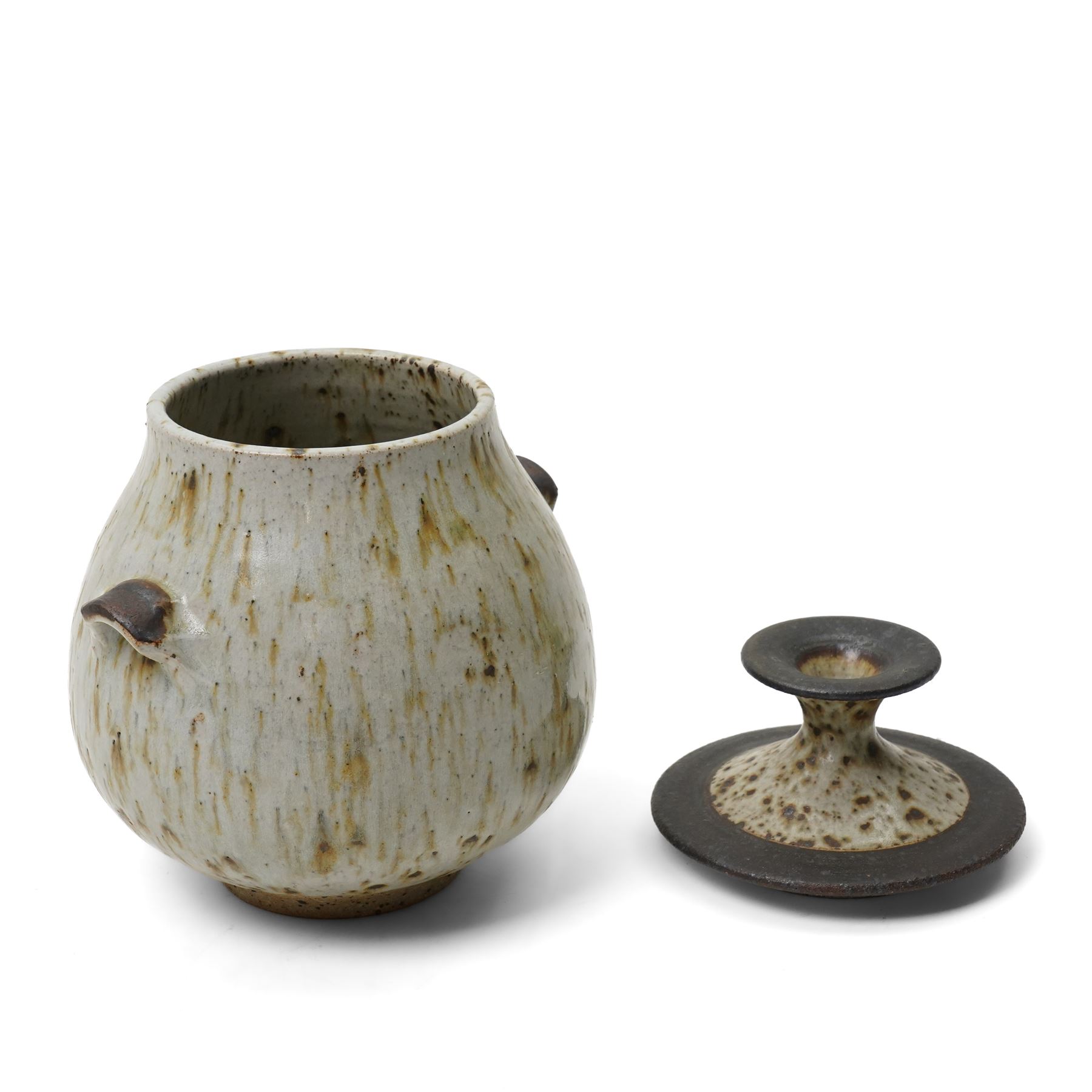 Barbara Cass (1921-1992) for Arden Pottery: Covered jar, in mottled blue and green glazed, incised marks to base, H22cm