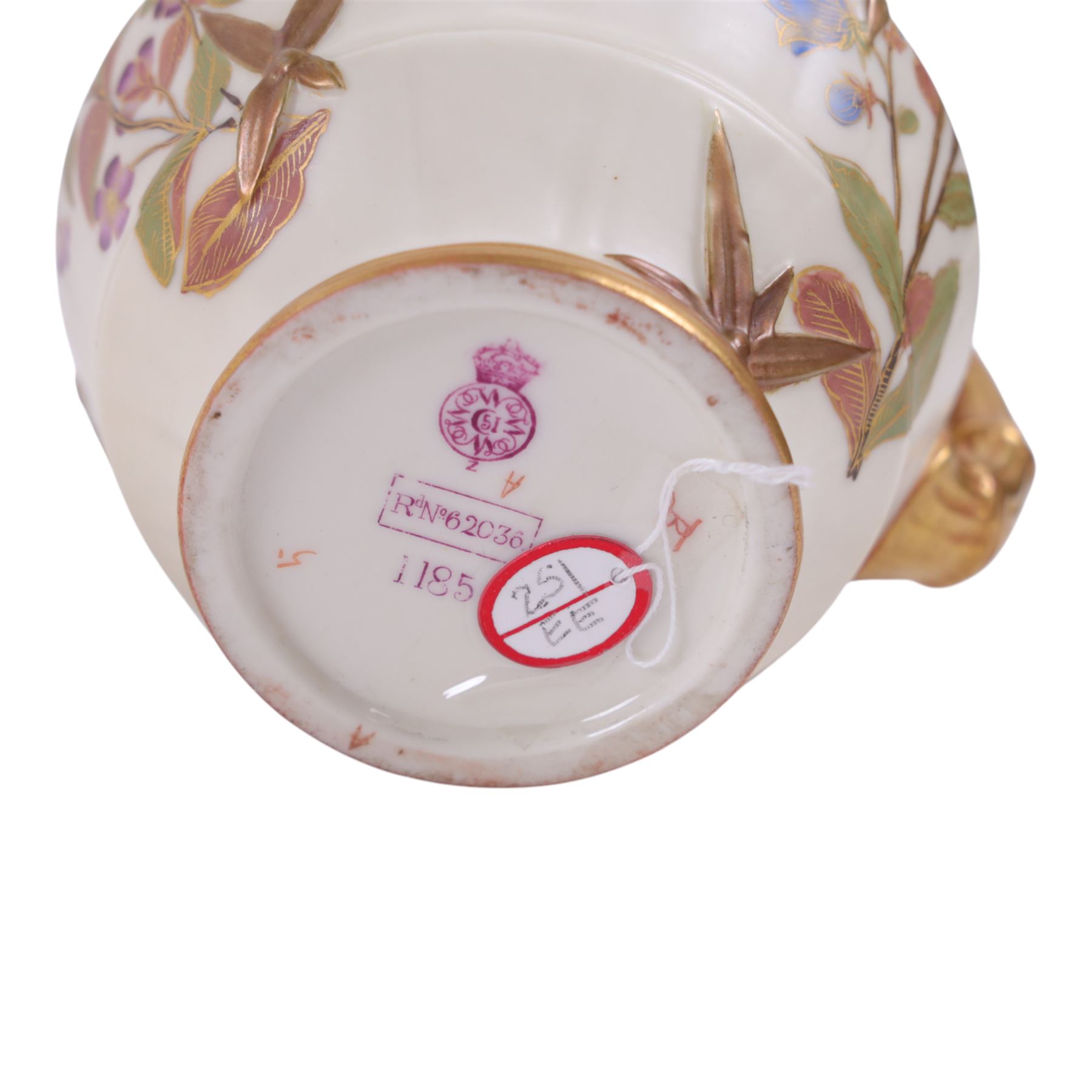 Five Royal Worcester Blush Ivory jugs, comprising one shape 1085 example with bamboo handle, one shape 1376 example with floral decoration and gilt handle and three shape 1094 examples, each decorated with floral sprigs, with printed marks beneath, tallest H14cm