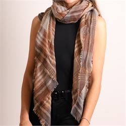 Mulberry - three scarves, comprising grey scarf with repeating tree motif, tan, cream and grey check scarf, and charcoal grey scarf with oversized ‘Mulberry’ motif, all with fringed edges (3)