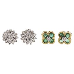 Pair of gold emerald and diamond flower head cluster stud earrings and one other pair of gold diamond cluster stud earrings, both 9ct
