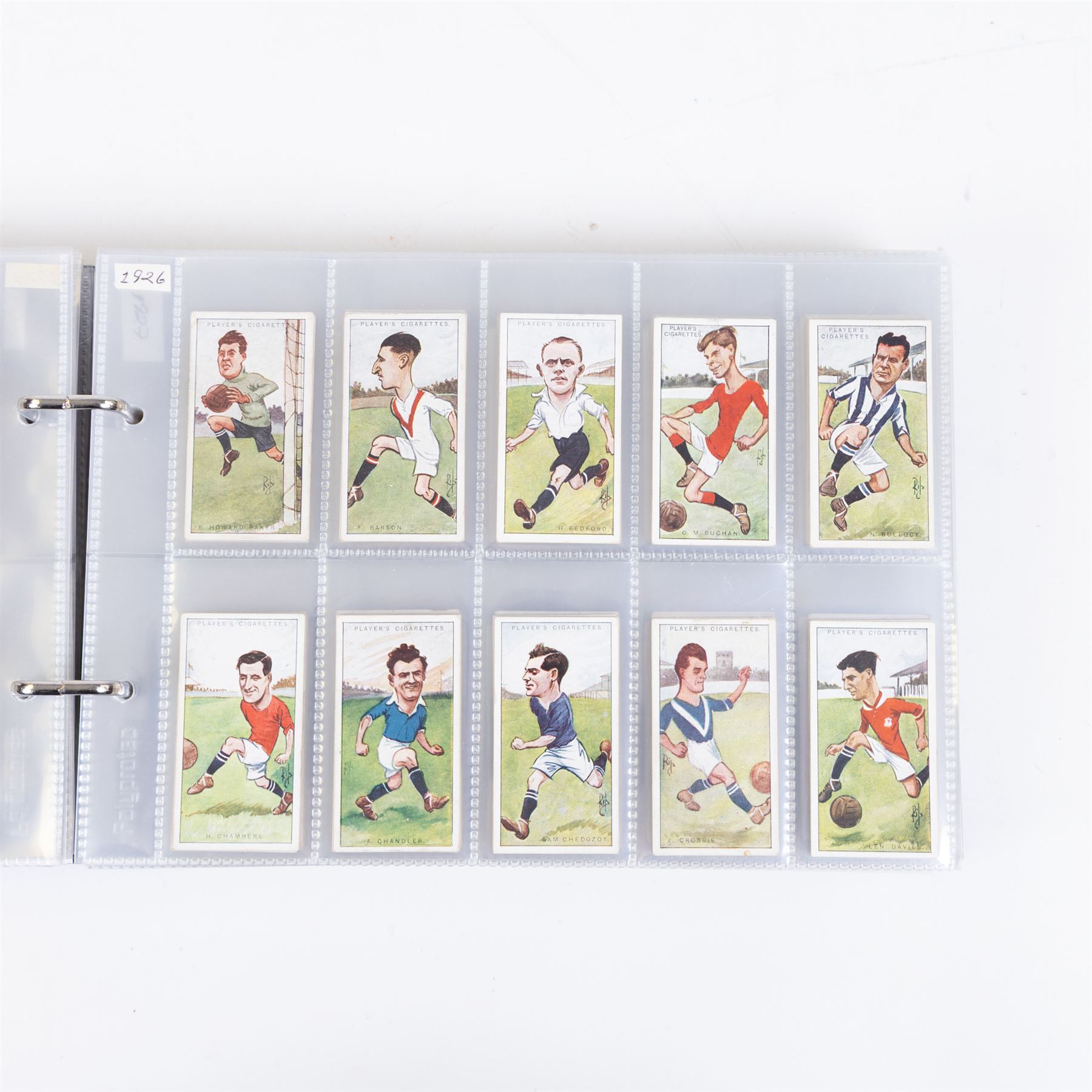 Collection of Edwardian and later Football related trading and cigarette cards, including forty-nine of fifty 1906 Ogden's Football Club Colours, 1922 PALS Footall series, ninety of one hundred 1925 Gallaher Famous Footballers, complete set of forty-four 1926 Ogden's Captains of Association Football Clubs and Colours, complete set of fifty 1927 Players Football Caricatures by MAC,  complete set of fifty 1927 Players Football Caricatures by RIP,  complete set of fifty 1930 Players Association Cup Winners, complete set of 50 1933 Ogdens AFC Nicknames etc, housed in brown cigarette card album