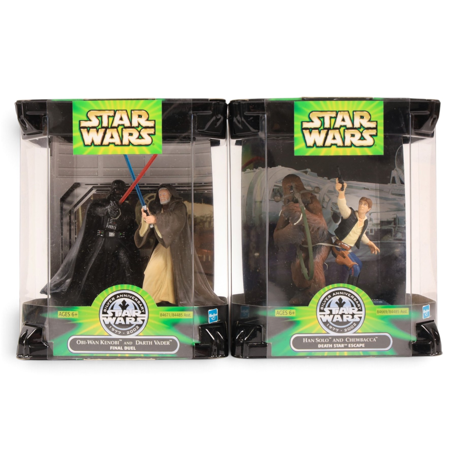 Ten Star Wars figures and playsets, comprising four The Kenner Collection Epic Force figures Bespin Luke Skywalker, Han Solo and two C-3POs, The Kenner Collection Power of the Force Kabe and Muftak figure pack, Jabba the Hutts Dancers, Jabbas Palace Diorama, Cantina at Mos Eisley Diorama and Hasbro Silver Anniversary packs Final Duel and Death Star Escape, all boxed