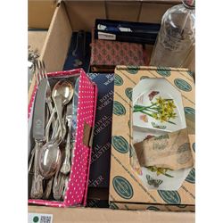 Portmeirion Botanic Garden serving dish, Royal Worcester serving dish, collection of silver plated Kings Pattern cutlery, one silver teaspoon, Mumbys soda bottle, floral mirror, etc