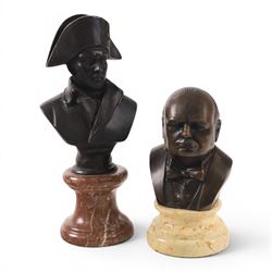Churchill bust on stepped circular base, together with Napoleon bust after Masson, largest H23cm