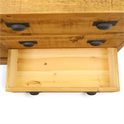 Indigo Furniture - large rustic oak chest, rectangular top fitted with six drawers with metal pull handles, on skirted base