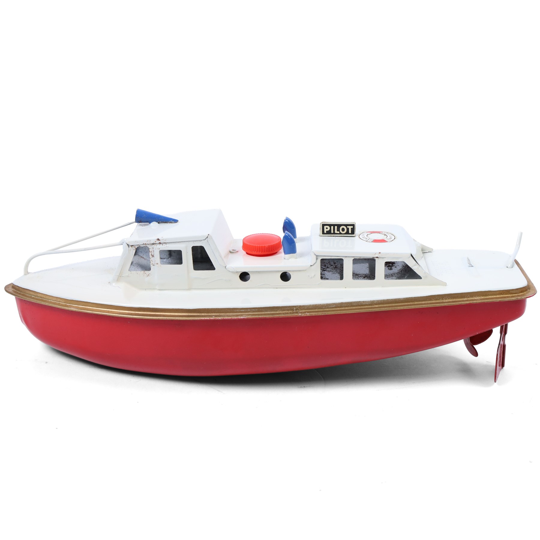 Sutcliffe Models tinplate clockwork Ocean Pilot Cruiser 'Jupiter', in red and white livery with metallic gold details, with key, boxed 