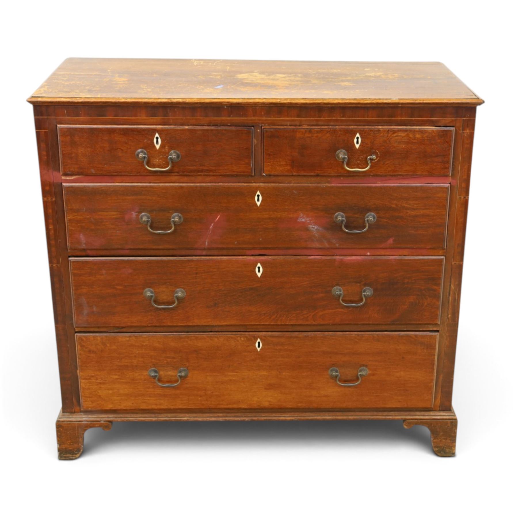 18th century oak chest, fitted with two short and three long graduating drawers, bone escutcheons and brass swan neck handles, bracket feet
