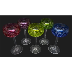 Set of five Val St Lambert harlequin cut hock glasses on hexagonal faceted stems and star cut foot, H18cm   